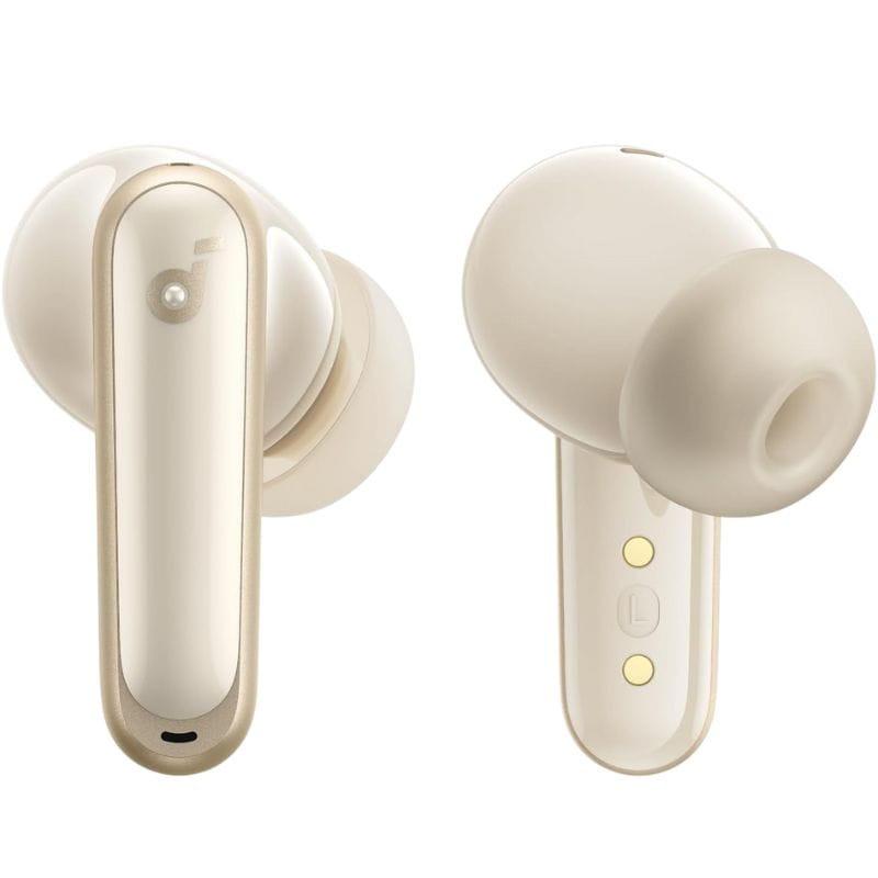 Soundcore P40i Blanc Écouteurs intra-auriculaires au design épuré crème, tiges lisses dorées, embouts silicone souples, ports de charge magnétiques et