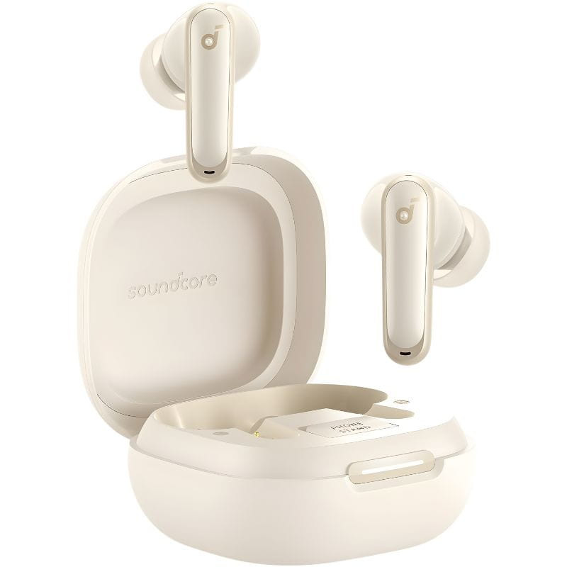 Soundcore P40i Blanc avec étui de charge ouvert, écouteurs intra compacts en finition ivoire, tiges lisses, voyants LED discrets et boîtier arrondi élégant