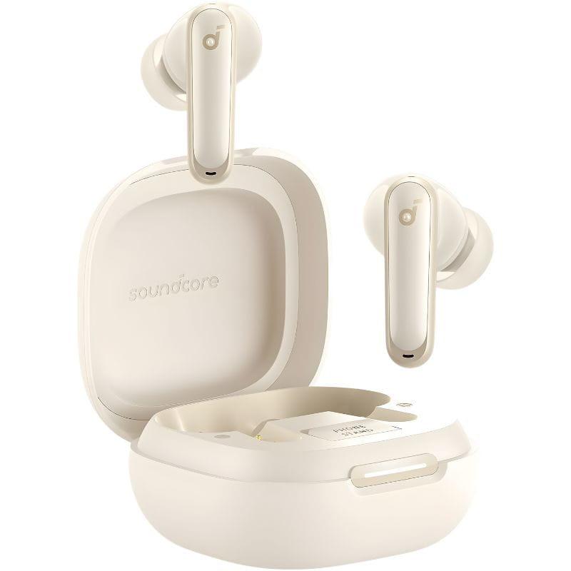 Soundcore P40i Blanc avec étui de charge ouvert, écouteurs intra compacts en finition ivoire, tiges lisses, voyants LED discrets et boîtier arrondi élégant