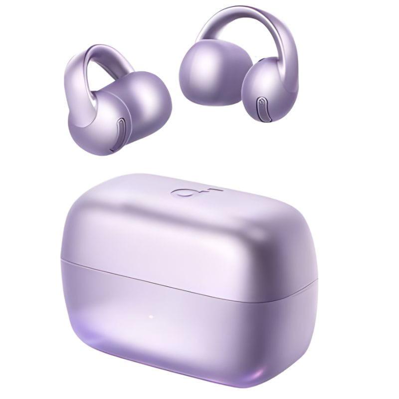 Soundcore C50i Lila auriculares abiertos de clip con acabado metálico, diseño ergonómico curvo y estuche de carga compacto a juego