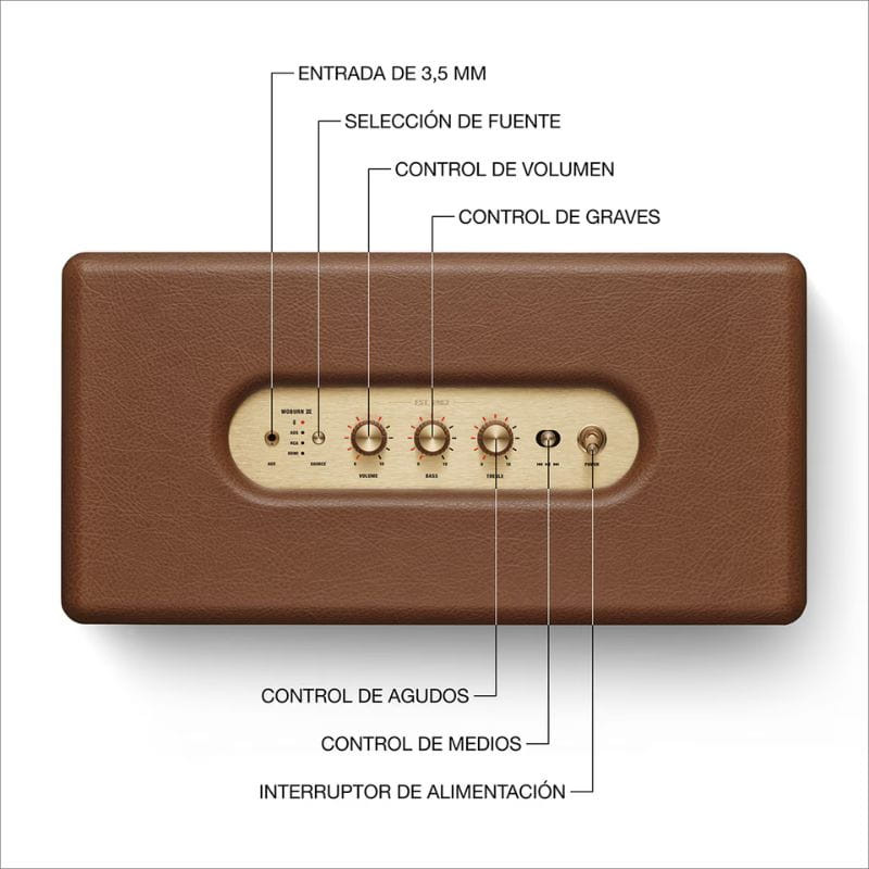Panel superior del Marshall Woburn III marrón: acabado símil cuero, placa dorada con perillas de volumen, graves, medios y agudos, entrada 3.5 mm e