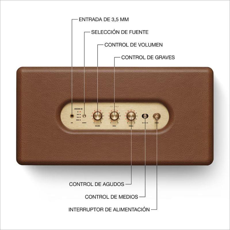 Panel superior del Marshall Woburn III marrón: acabado símil cuero, placa dorada con perillas de volumen, graves, medios y agudos, entrada 3.5 mm e