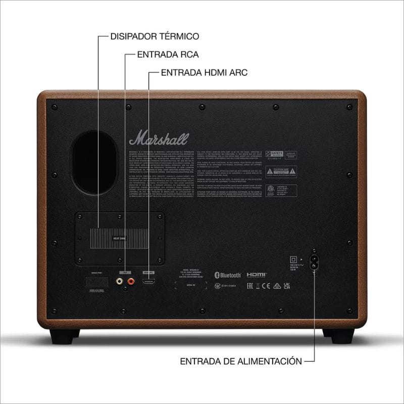 Parte trasera del Marshall Woburn III 150W marrón: panel negro con disipador, puerto bass reflex, entradas RCA y HDMI ARC, Bluetooth y toma de alimentación