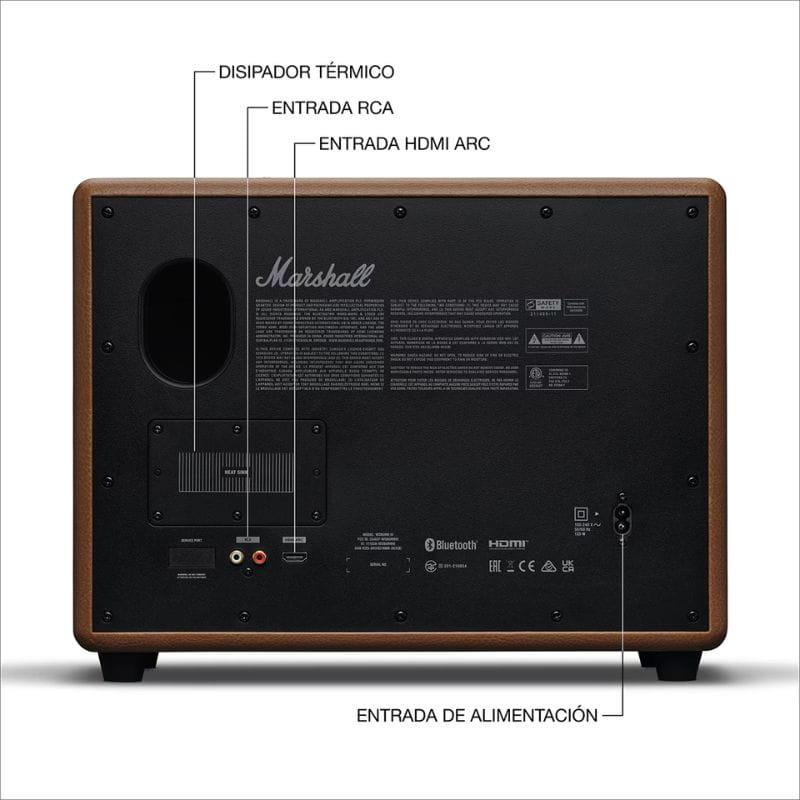 Parte trasera del Marshall Woburn III 150W marrón: panel negro con disipador, puerto bass reflex, entradas RCA y HDMI ARC, Bluetooth y toma de alimentación
