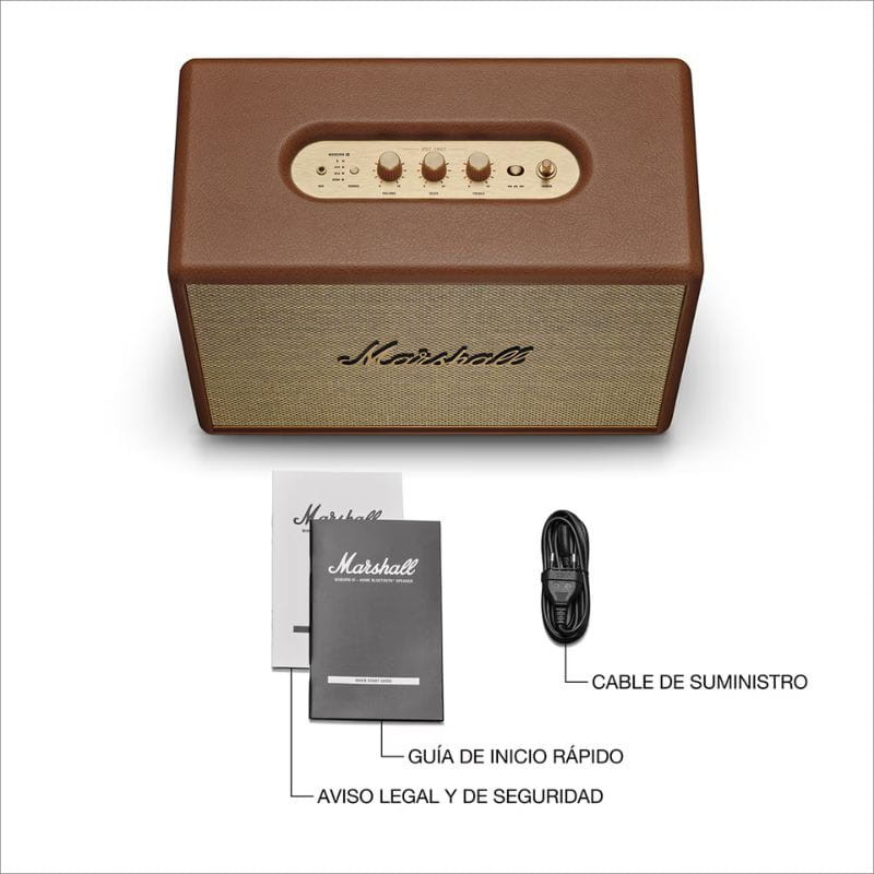 Altavoz Bluetooth Marshall Woburn III 150W marrón, diseño vintage en cuero, panel superior dorado con perillas. Incluye cable, guía rápida y aviso legal.