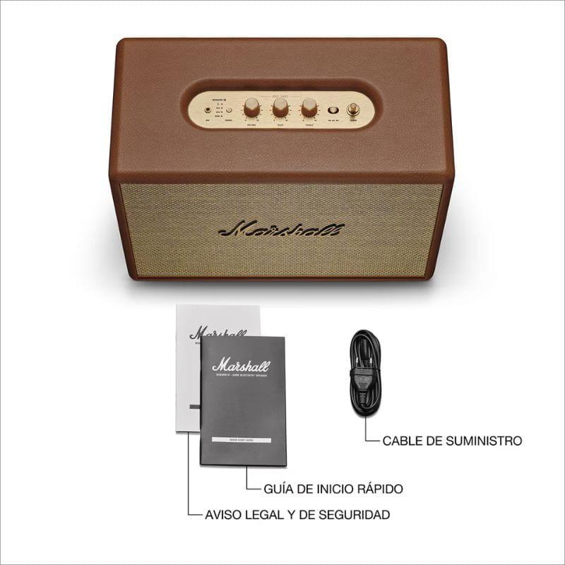 Altavoz Bluetooth Marshall Woburn III 150W marrón, diseño vintage en cuero, panel superior dorado con perillas. Incluye cable, guía rápida y aviso legal.