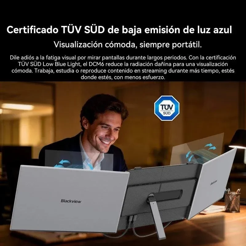 Blackview DCM6 monitor portátil duplo 14" FullHD IPS, duas telas dobráveis, suporte em alumínio, dupla USB-C, baixa luz azul TÜV SÜD, ideal para