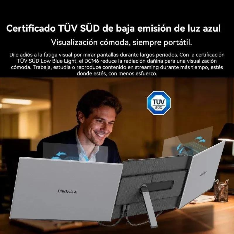 Blackview DCM6 monitor portátil duplo 14" FullHD IPS, duas telas dobráveis, suporte em alumínio, dupla USB-C, baixa luz azul TÜV SÜD, ideal para