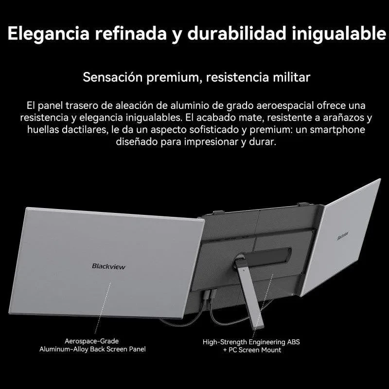 Painel traseiro em liga de alumínio aeroespacial, suporte central robusto e acabamento premium; resistente a riscos e impressões digitais, cor cinza escuro