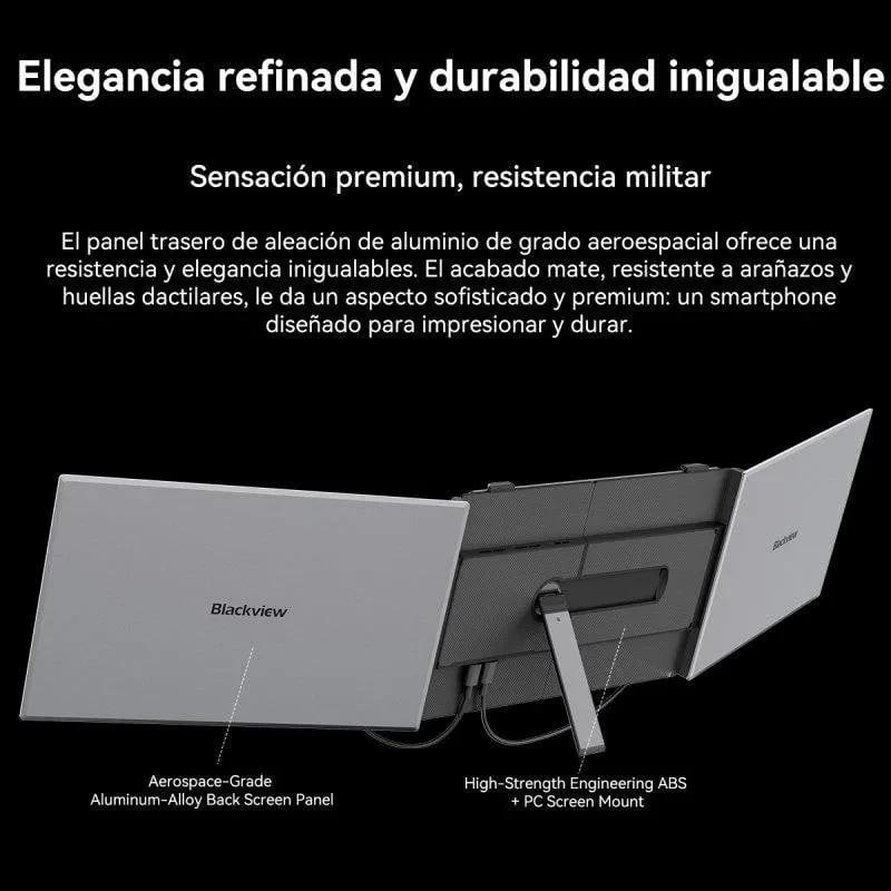 Painel traseiro em liga de alumínio aeroespacial, suporte central robusto e acabamento premium; resistente a riscos e impressões digitais, cor cinza escuro