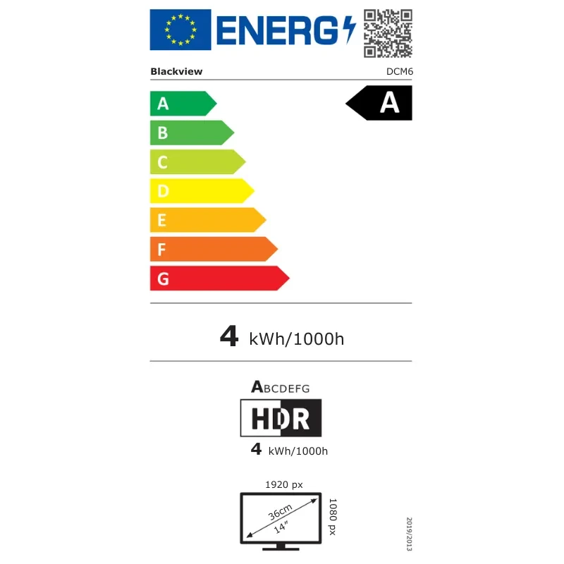 Etiqueta energética UE do monitor Blackview DCM6: classe A, consumo 4 kWh/1000h, HDR, resolução 1920x1080, tela 14 pol, proporção 16:9