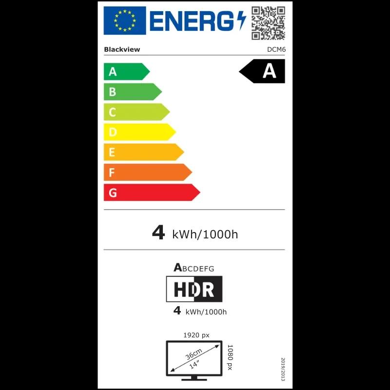Etiqueta energética UE do monitor Blackview DCM6: classe A, consumo 4 kWh/1000h, HDR, resolução 1920x1080, tela 14 pol, proporção 16:9