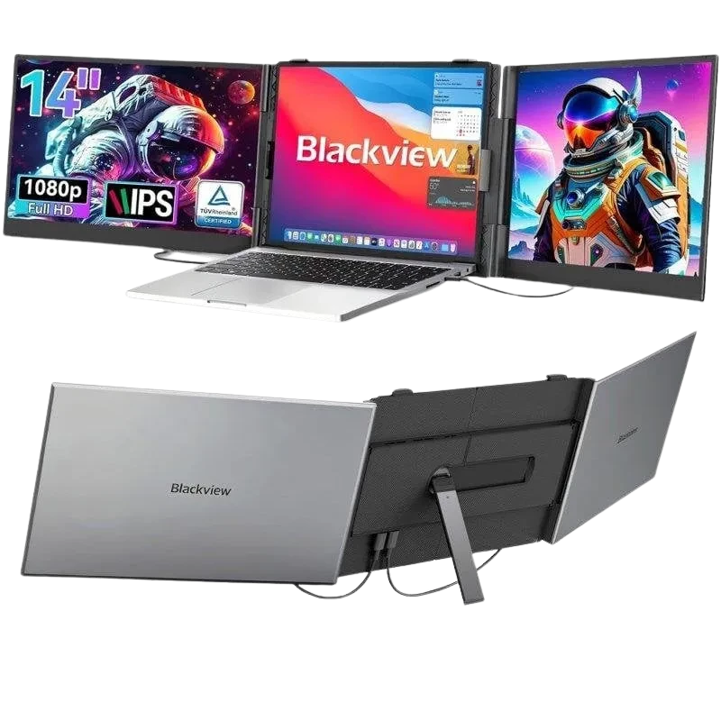 Blackview DCM6: dois monitores portáteis 14" Full HD IPS, bordas finas, conectores Dual USB-C, suporte ajustável em alumínio, expansão lateral para laptop