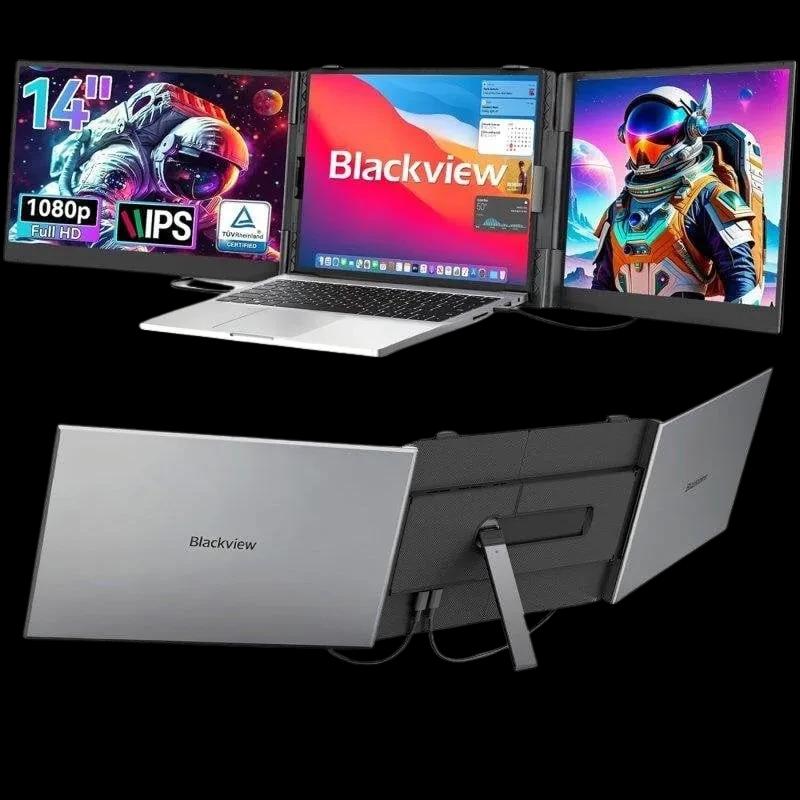 Blackview DCM6: dois monitores portáteis 14" Full HD IPS, bordas finas, conectores Dual USB-C, suporte ajustável em alumínio, expansão lateral para laptop