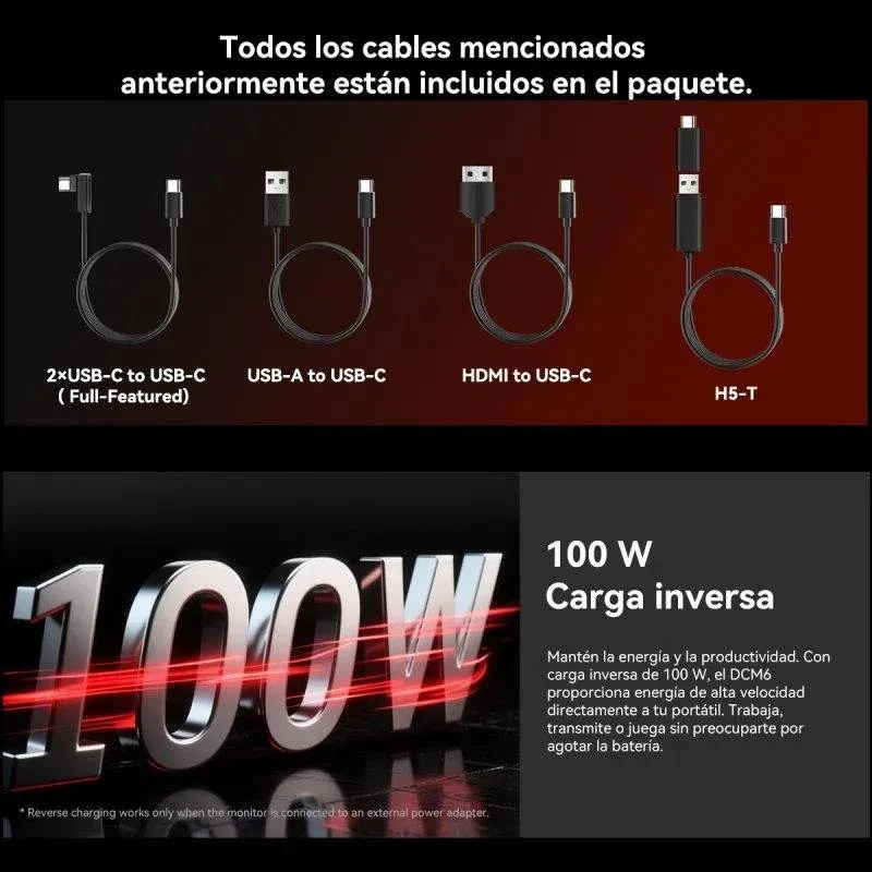 Cabo USB-C para USB-C full-featured, cabo USB-A para USB-C, cabo HDMI para USB-C e H5-T, todos inclusos. Suporte a carga reversa de 100 W.