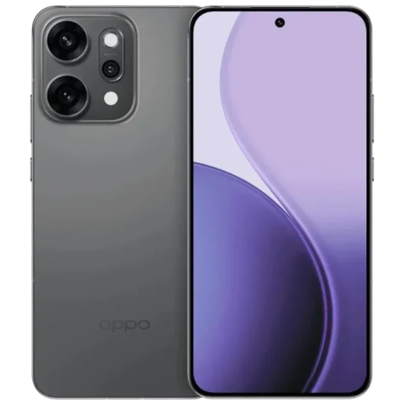 Oppo Reno14 Pro 5G gris con pantalla OLED sin bordes y cámara triple trasera de 50 MP; frontal perforada centrada y acabado mate elegante