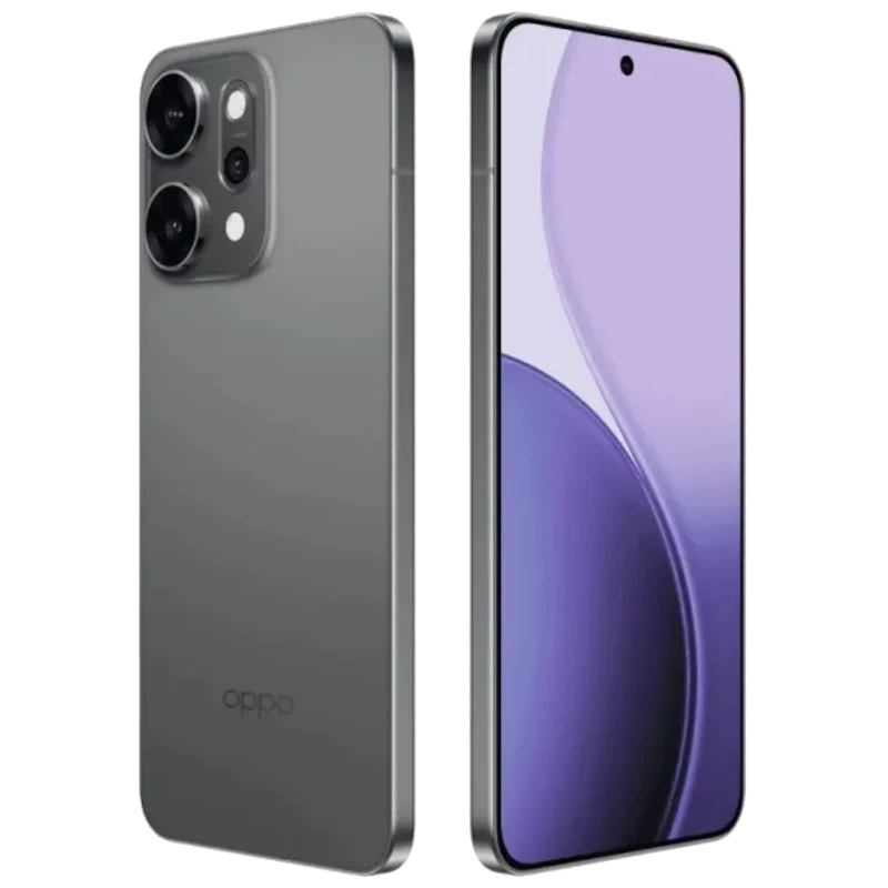 Oppo Reno14 Pro 5G gris con acabado mate, pantalla OLED casi sin bordes y cámara triple trasera con módulos grandes; diseño delgado y moderno