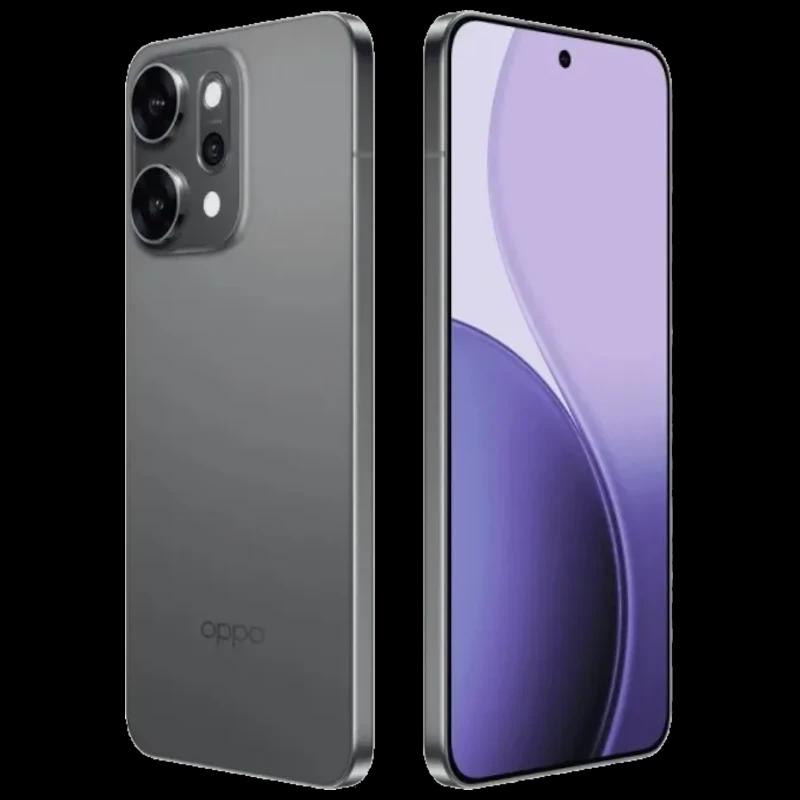 Oppo Reno14 Pro 5G gris con acabado mate, pantalla OLED casi sin bordes y cámara triple trasera con módulos grandes; diseño delgado y moderno