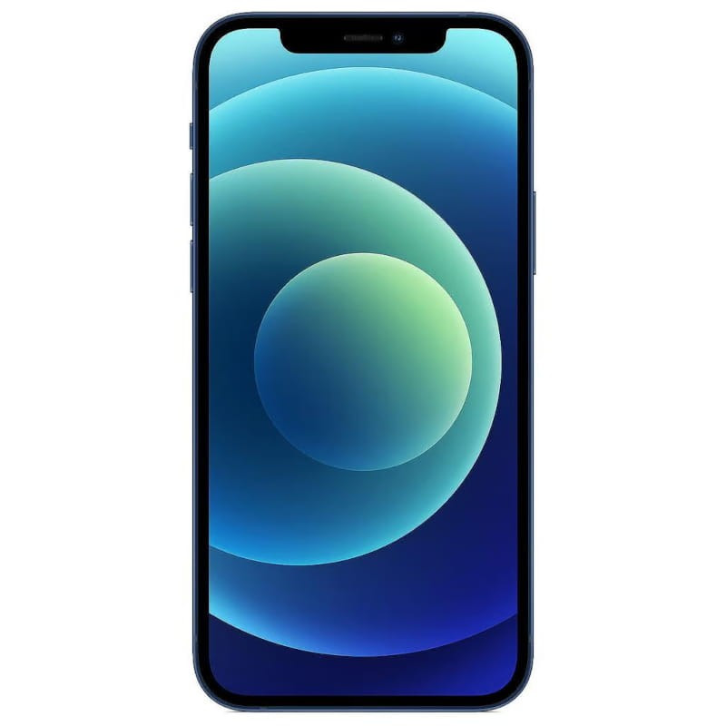 Écran iPhone 12 6,1 pouces, bords fins, façade noire avec encoche et verre lisse, affichage OLED aux dégradés bleu et vert, finition bleu nuit