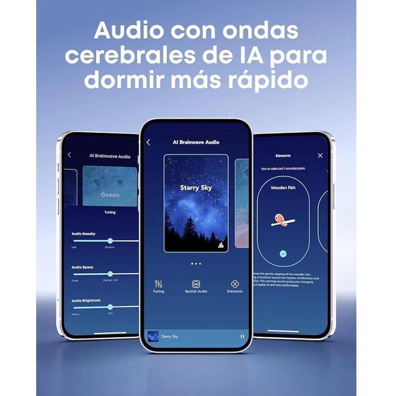 Soundcore Sleep A30 Auriculares para dormir Mist Green com app mostrando modos de áudio, paisagens sonoras e controles de ajuste para relaxar e adormecer