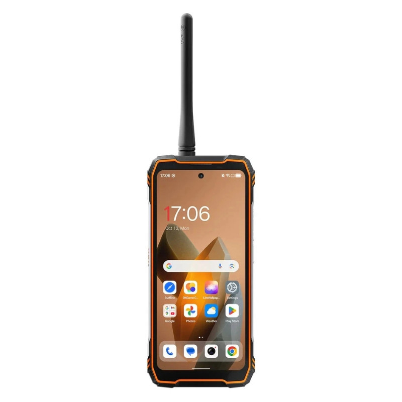 Blackview XPLORE 1 5G naranja, smartphone robusto con antena de walkie talkie, bordes reforzados, pantalla con cámara frontal central y botones laterales