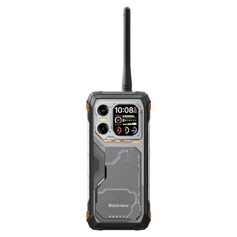 Blackview XPLORE 1 5G walkie talkie robusto en naranja y gris, pantalla a color, doble cámara trasera, antena larga y diseño rugerizado con bordes reforzados