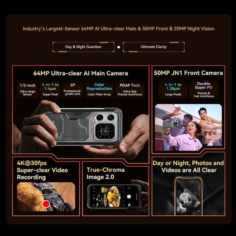 Blackview XPLORE 1 5G naranja resistente con cámaras 64MP trasera, 50MP frontal y 20MP visión nocturna, video 4K, chasis robusto y módulo walkie talkie