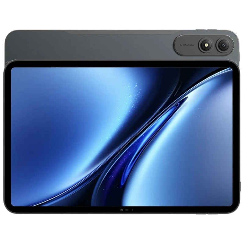 Tablet Blackview Oscal Pad 200 cinza com tela grande de bordas finas, câmera dupla traseira com módulo elevado e acabamento fosco elegante