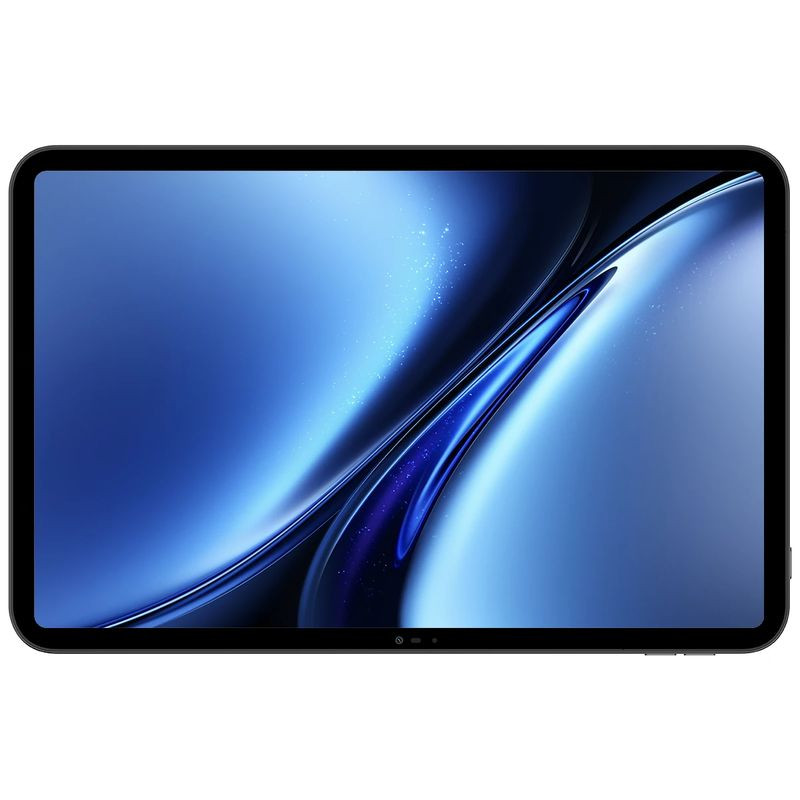 Tablet Blackview Oscal Pad 200 cinza com tela grande de bordas finas, display brilhante azul, câmera frontal central e corpo fino e elegante