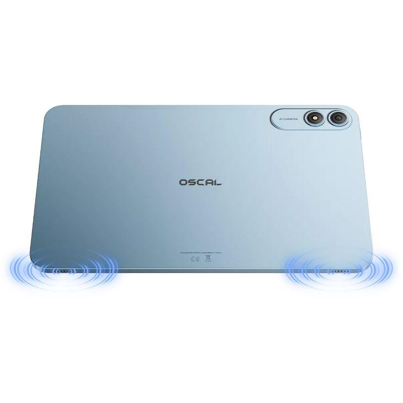 Tablet Blackview Oscal Pad 200 cinza com traseira metálica, câmera dupla horizontal, logotipo central Oscal e alto-falantes estéreo inferiores com efeito