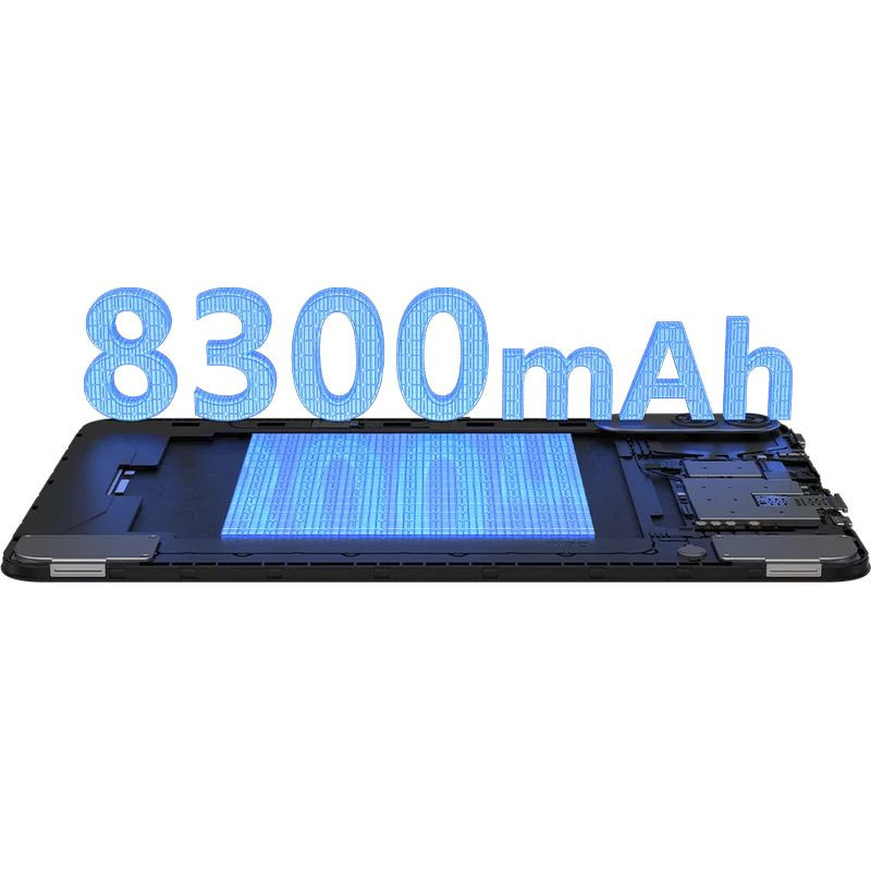 Blackview Oscal Pad 200 cinza com bateria 8300 mAh em destaque, design fino, módulo interno exposto e números azuis indicando capacidade de energia