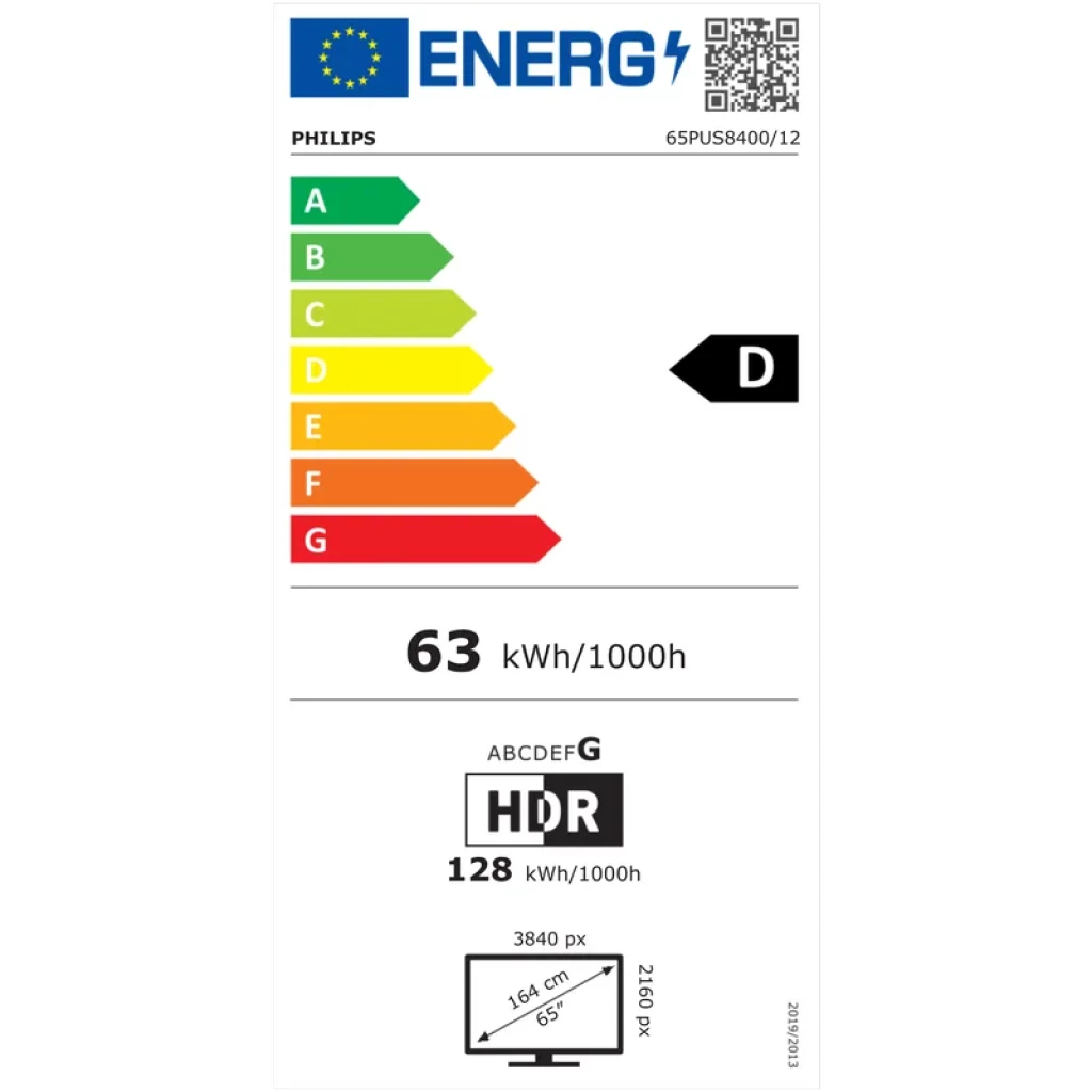 Etiqueta energética UE para Philips 65PUS8400/12: clase D, consumo 63 kWh/1000 h, HDR, 4K 3840x2160, diagonal 164 cm, 65 pulgadas, 128 kWh/1000 h con HDR