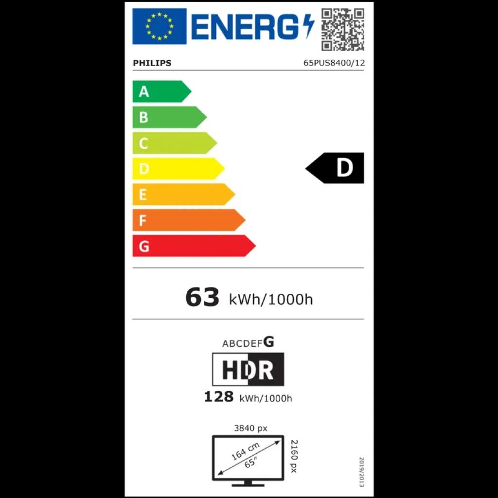 Etiqueta energética UE para Philips 65PUS8400/12: clase D, consumo 63 kWh/1000 h, HDR, 4K 3840x2160, diagonal 164 cm, 65 pulgadas, 128 kWh/1000 h con HDR