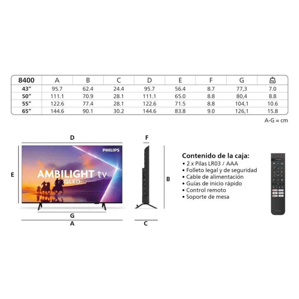 Philips 65PUS8400/12 65 pulgadas 4K Ultra HD Smart TV con Ambilight, marco negro, delgado perfil, incluye control remoto, soporte de mesa y conectividad WiFi