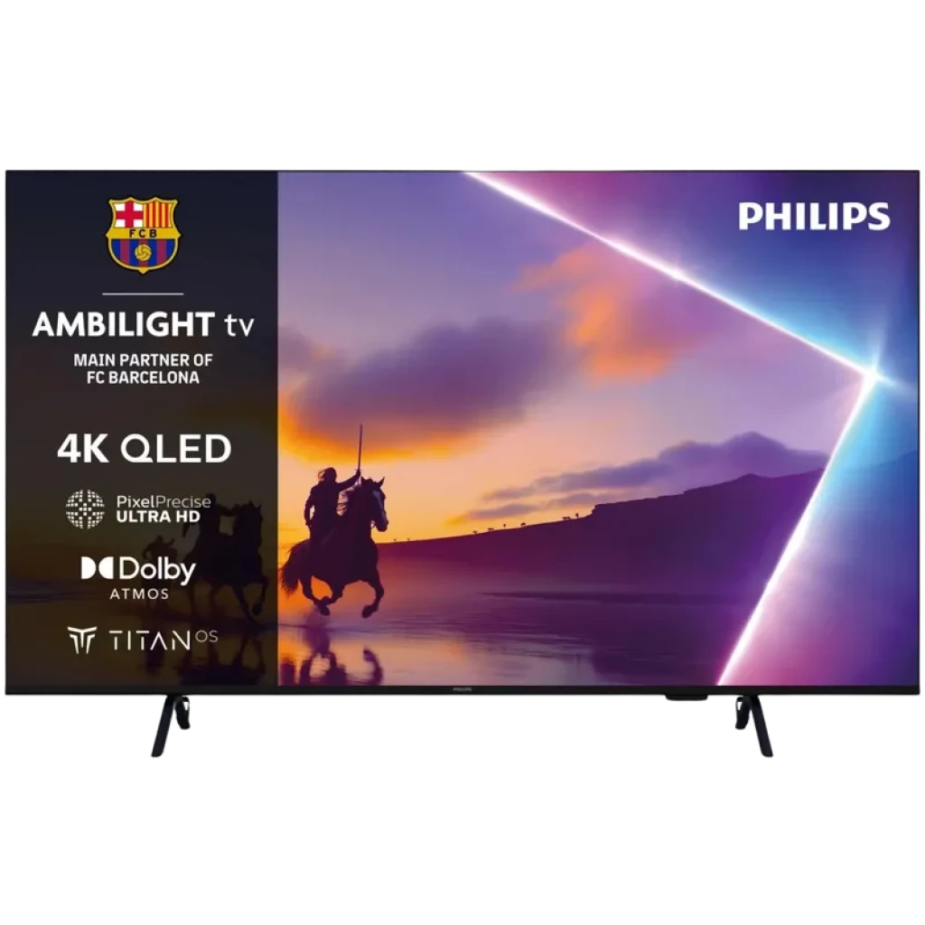 Philips 65PUS8400/12 65 pulgadas 4K QLED con Ambilight, bisel fino negro, peanas dobles, logos de Dolby Atmos y Pixel Precise Ultra HD en pantalla