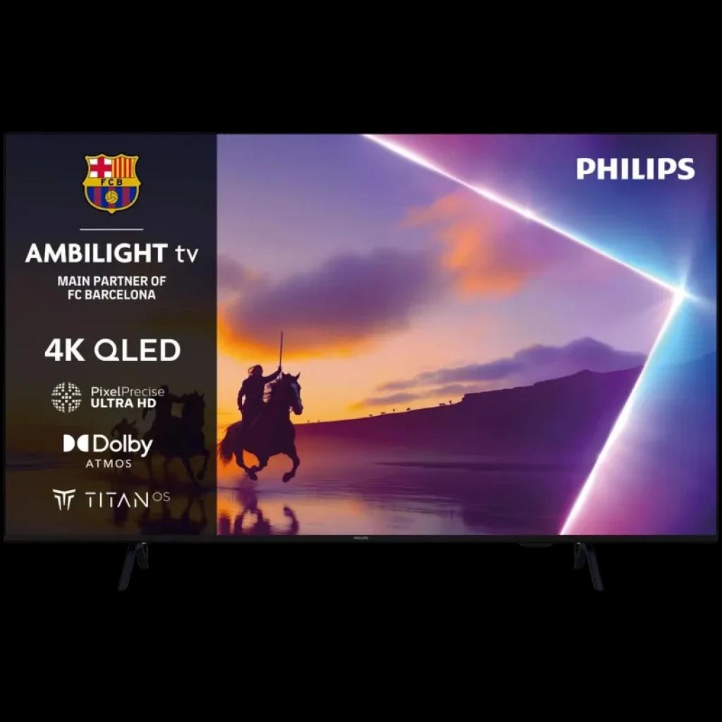 Philips 65PUS8400/12 65 pulgadas 4K QLED con Ambilight, bisel fino negro, peanas dobles, logos de Dolby Atmos y Pixel Precise Ultra HD en pantalla