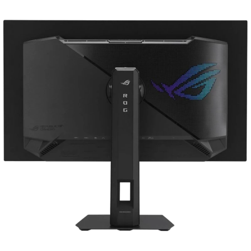 Traseira do monitor ASUS ROG Strix XG27AQWMG com suporte central robusto, logo ROG iluminado em LED e acabamento preto fosco com grelhas de ventilação
