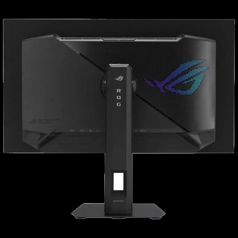 Traseira do monitor ASUS ROG Strix XG27AQWMG com suporte central robusto, logo ROG iluminado em LED e acabamento preto fosco com grelhas de ventilação