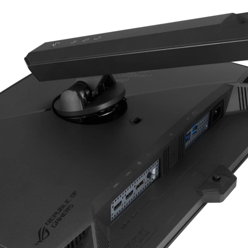 ASUS ROG Strix XG27AQWMG com braço articulado robusto, gestão de cabos, portas traseiras acessíveis e acabamento preto gamer elegante