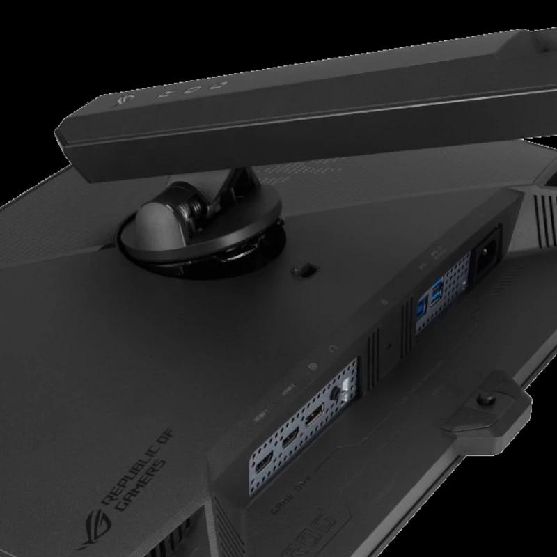 ASUS ROG Strix XG27AQWMG com braço articulado robusto, gestão de cabos, portas traseiras acessíveis e acabamento preto gamer elegante