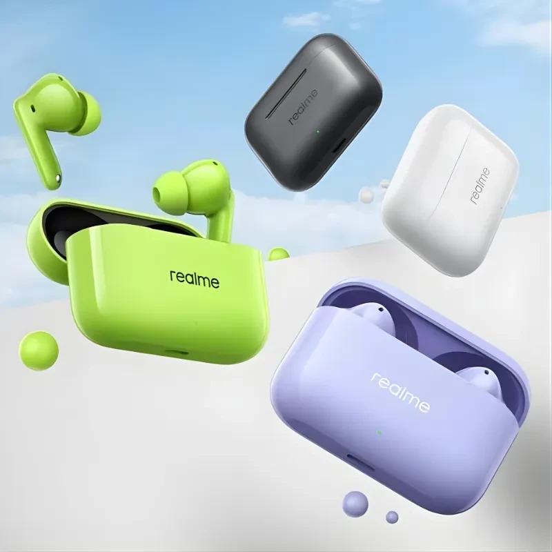 Realme Buds T200 ANC Verde com estojo compacto e LED, fones intra-auriculares em verde neon; outros estojos em preto, branco e lilás flutuando ao fundo