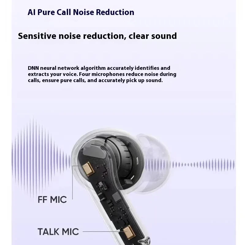 Realme Buds T200 ANC Púrpura: auricular intraaural con cancelación activa, doble micrófono para llamadas, carcasa transparente mostrando componentes internos