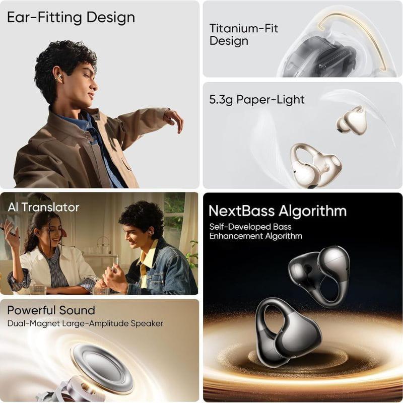 Auriculares Realme Buds OpenWear Clip negros con diseño ear-fitting, clip de titanio, 5.3 g ultraligeros, reducción de ruido con IA y graves potentes NextBass