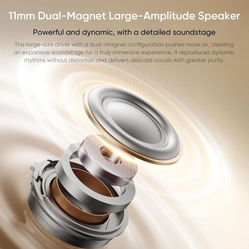 Altavoz de gran amplitud de 11 mm con doble imán, diseño metálico en capas, pensado para graves potentes y voces nítidas en Realme Buds OpenWear Clip negro