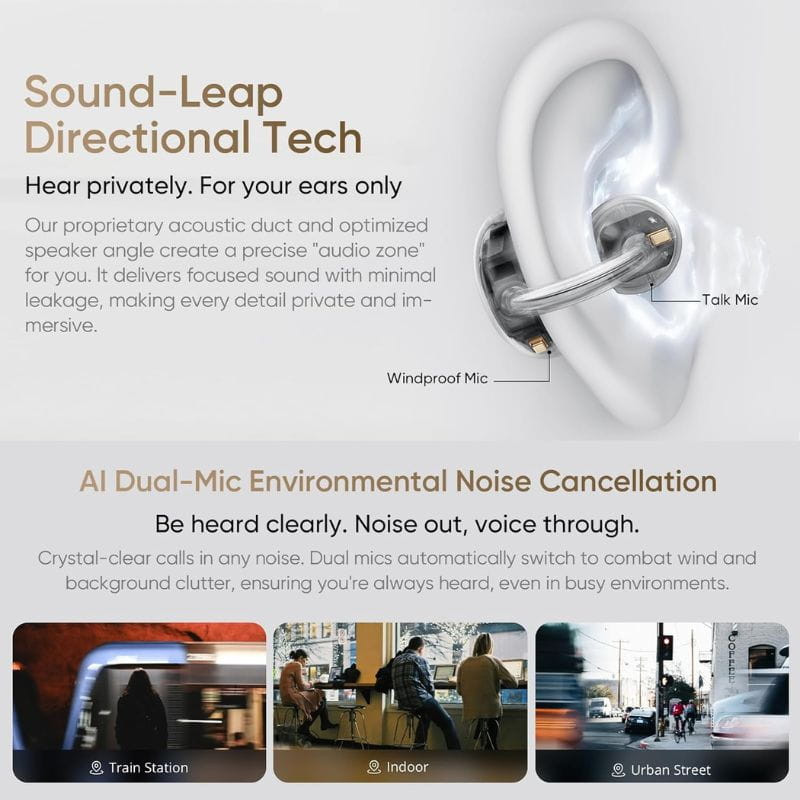 Realme buds OpenWear Clip negro con diseño de clip para oreja, micrófonos duales visibles y tecnología de cancelación de ruido con IA para llamadas claras