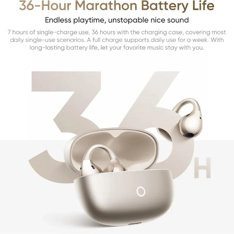 Realme Buds OpenWear Clip dorado con estuche compacto, diseño abierto tipo clip, indicador LED frontal y gomas ergonómicas; 36 h de batería destacada