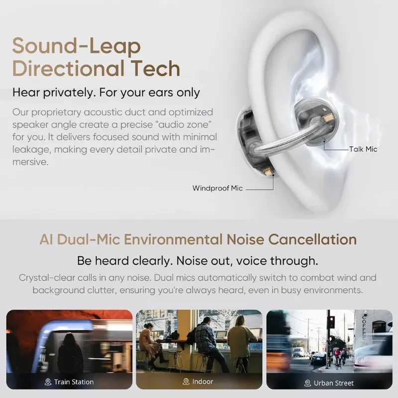 Auriculares Realme Buds OpenWear Clip dorado con diseño de clip abierto, dos micrófonos para viento y voz, cancelación de ruido AI y ajuste cómodo en la