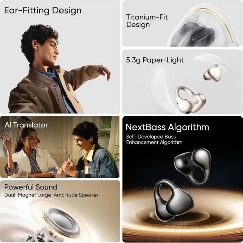 Realme Buds OpenWear Clip dorado con diseño Titanium Fit, clip auricular ligero y resistente, puente de aleación de titanio y forma ergonómica para ajuste