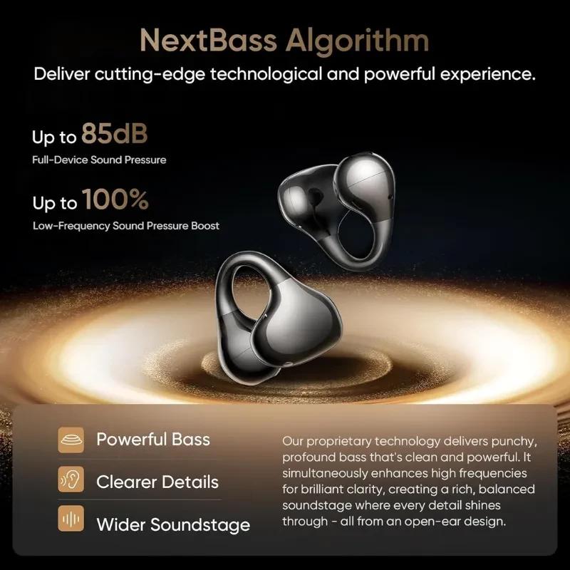 Auriculares Realme Buds OpenWear Clip dorados con diseño abierto, forma anular metálica, acabado pulido, realce de graves, detalles claros y escena amplia