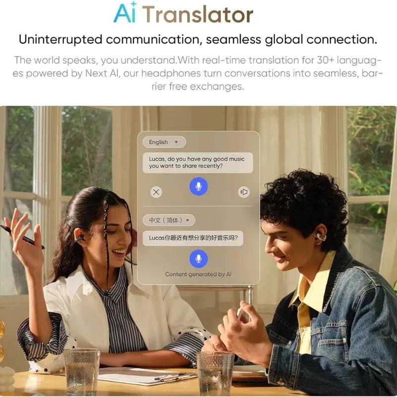 Realme Buds OpenWear Clip dorado con micrófonos duales, diseño de clip abierto, reducción de ruido IA y control táctil, ideal para llamadas y traducción
